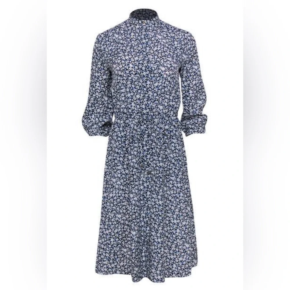 Ralph Lauren - Blue Floral Print Long Sleeve Button-Up Shirtwaist Dress - Picture 1 of 6